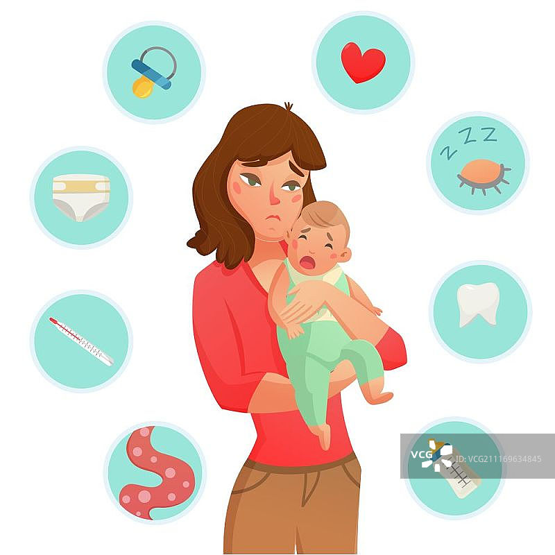 哭泣的婴儿原因构成，彩色哭泣的婴儿原因构成，带有圆形图标集，列出了他哭泣的原因矢量插图图片素材
