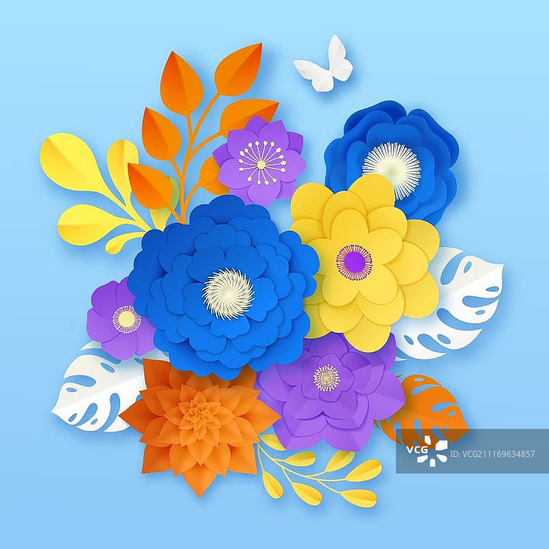 纸花抽象组合模板：蓝色背景上手工剪纸花卉装饰组合，黄色白色橙色紫色矢量图图片素材