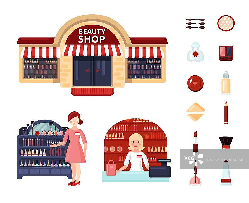 美容商店图标集：彩色矢量插画，包含导购和收银台图片素材