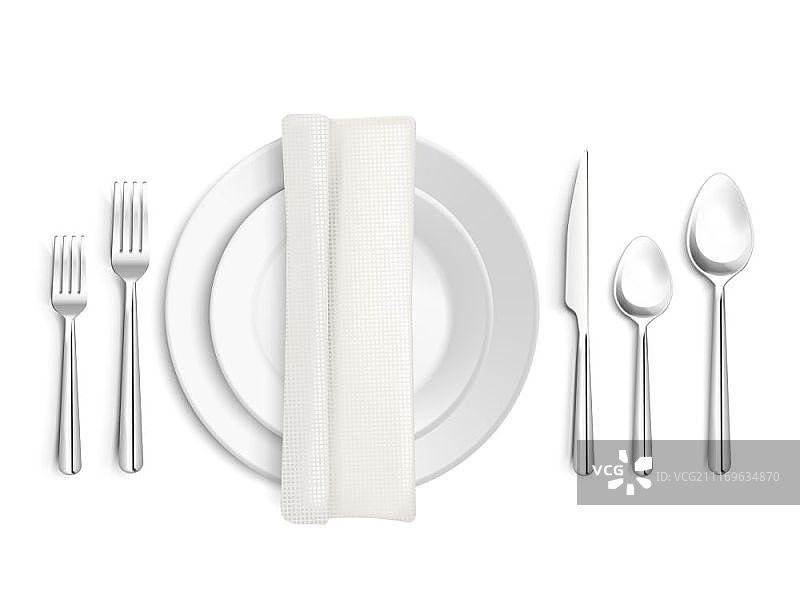餐桌摆设俯视图。餐桌摆设3D设计，含餐具、餐巾和餐盘，白色背景隔离矢量图图片素材
