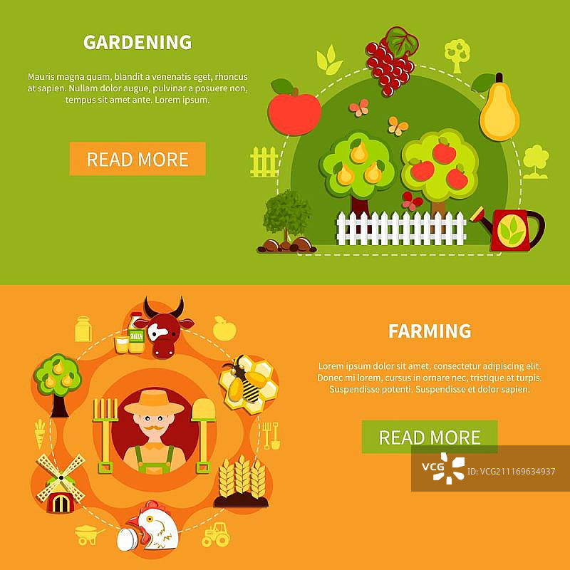农业与园艺横幅。包含农场图标的农业横向横幅，附带文字和阅读更多按钮矢量图图片素材