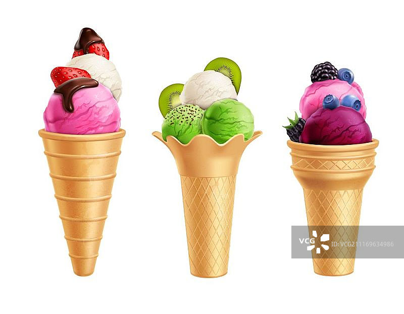 水果冰淇淋组合（草莓、猕猴桃、蓝莓华夫饼甜筒）图片素材