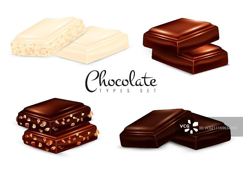 逼真的巧克力种类集合：包含黑巧克力、白巧克力和牛奶巧克力与坚果的图像图片素材
