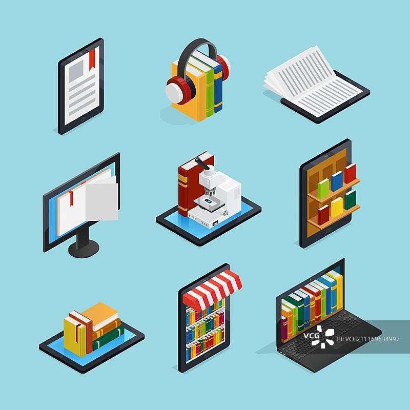 在线图书2.5D素材：通过移动设备阅读和听书图片素材