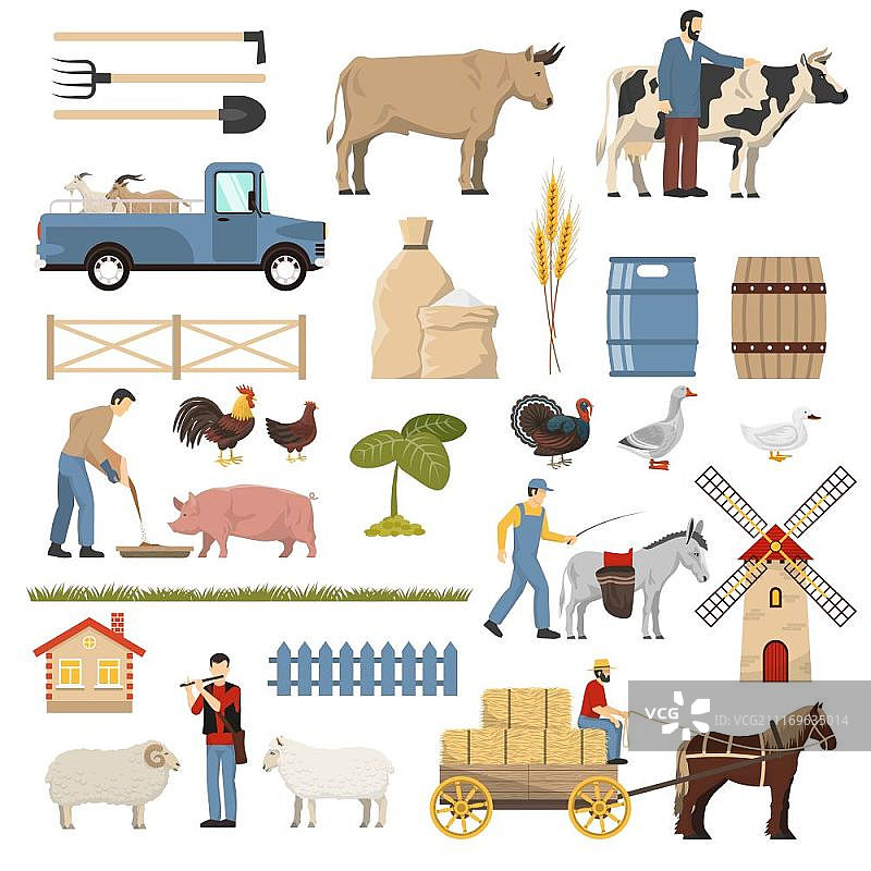 家畜农场元素合集：家禽动物、园艺工具、植物和车辆人物矢量插图图片素材