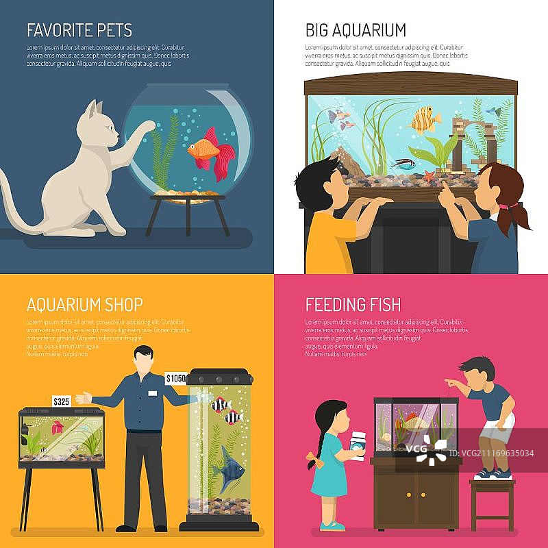 鱼缸设计理念：包含水族馆和平底图像的组合，儿童角色与鱼缸矢量图图片素材