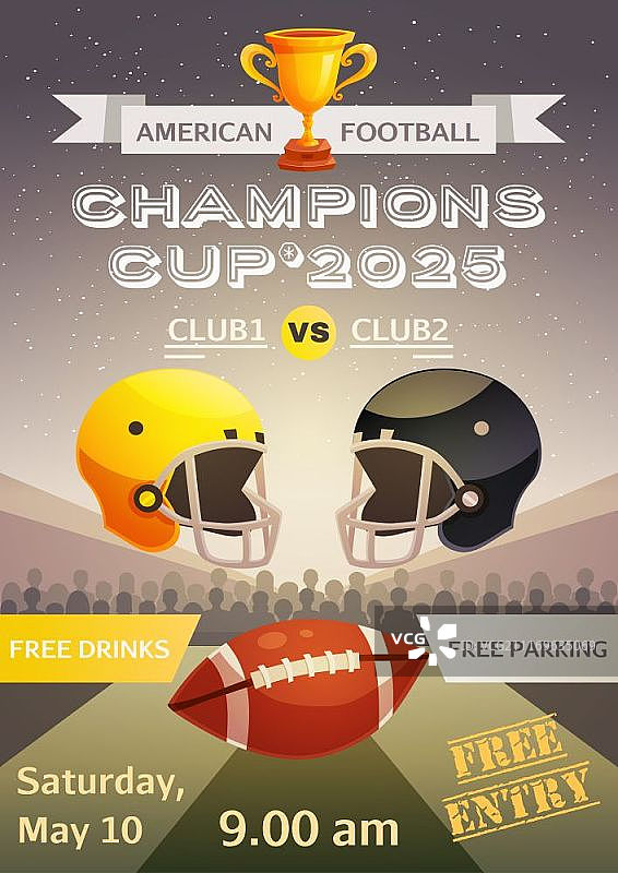 美式橄榄球运动海报：含俱乐部比赛广告和平板矢量赛事日期图片素材