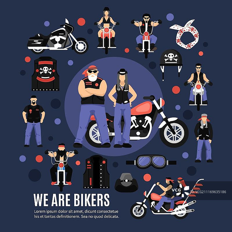 骑行者图标集。包含男女骑行者和装备的扁平矢量插画图片素材