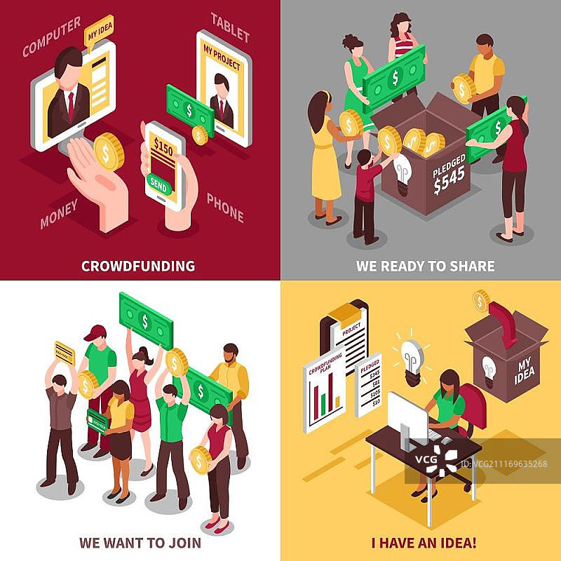 众筹2.5D设计概念：人们希望分享资金并加入项目图片素材