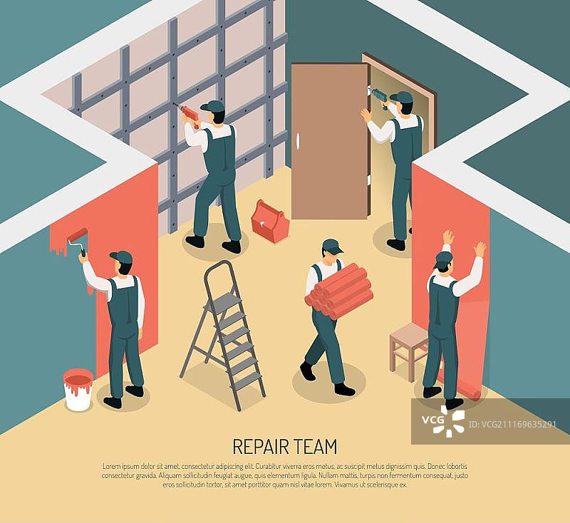 2.5D装修插图：装修维修团队在房间内工作3D等距矢量图图片素材