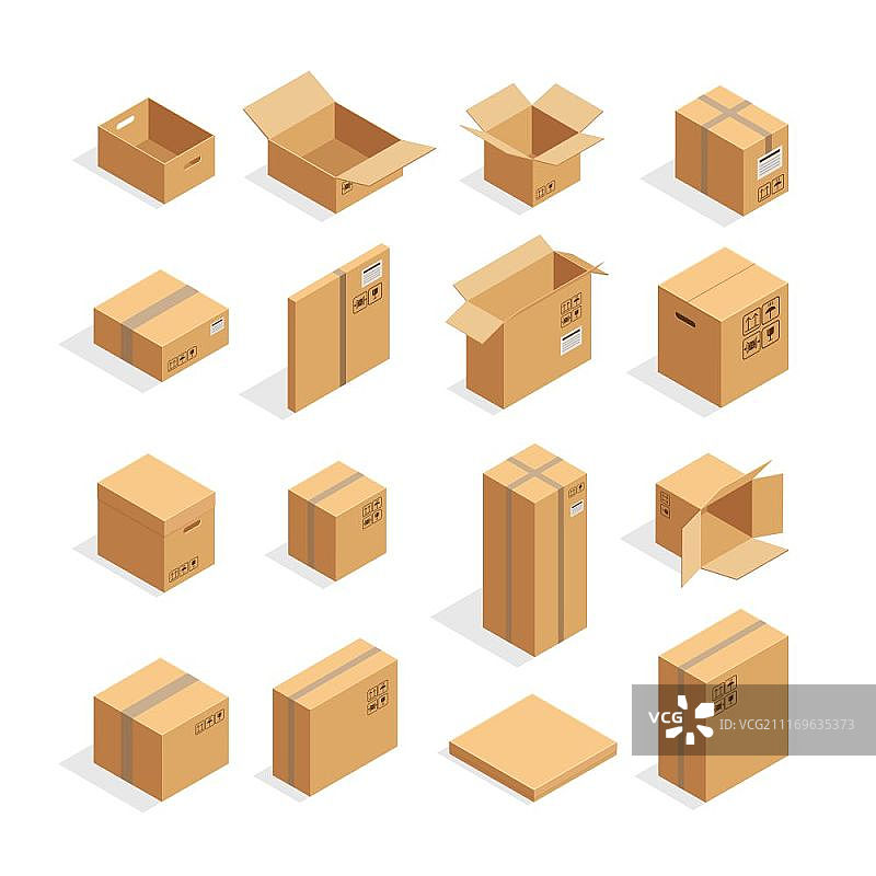 2.5D包装盒套装：不同尺寸的纸箱包装盒图像，带易碎品向上标志矢量素材图片素材