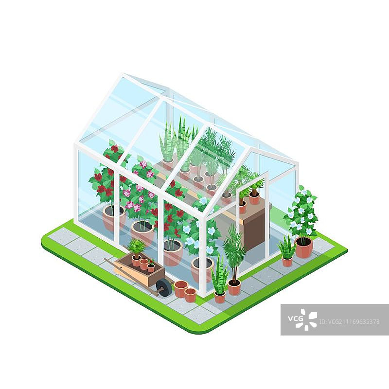 2.5D温室等距组合：含植物和蔬菜的温室元素图片素材