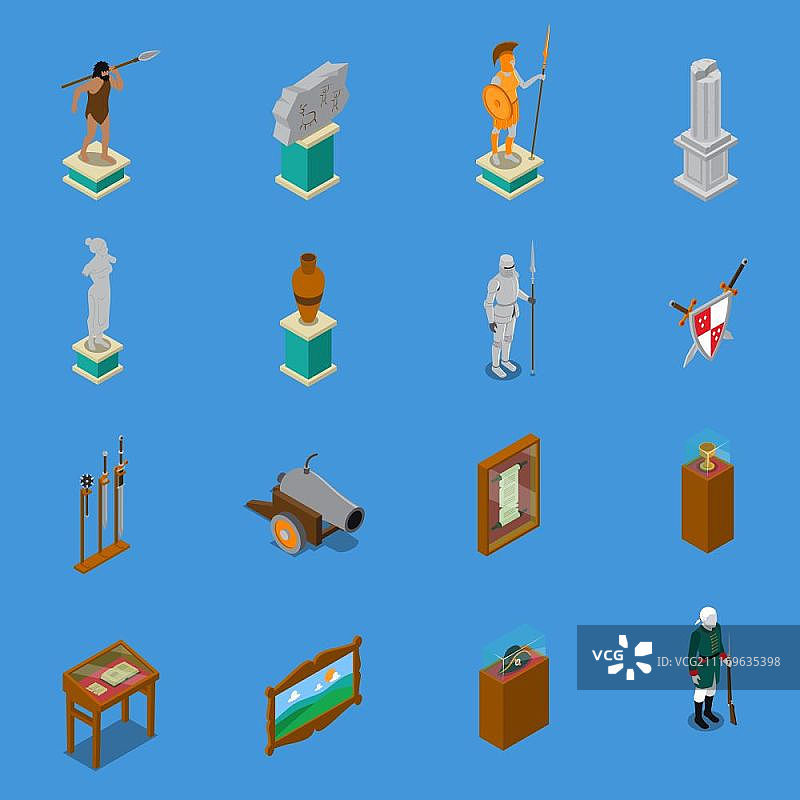 博物馆2.5D图标集：包含战士、武器、卷轴、花瓶和雕塑的蓝色背景矢量图图片素材