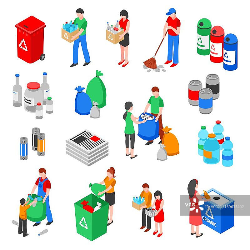 垃圾回收元素集：2.5D垃圾桶人物矢量插画图片素材
