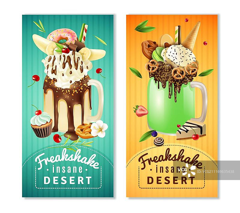巨型奶昔甜点Banner：包含奶油巧克力蛋糕的奶昔咖啡馆竖版广告宣传单图片素材