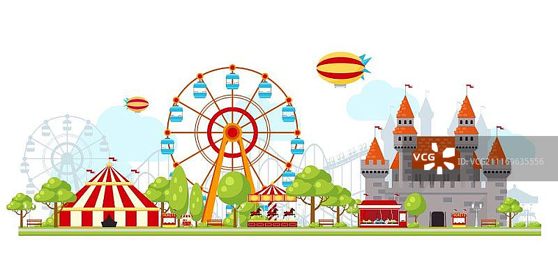 彩色游乐园组合：儿童娱乐设施，摩天轮和城堡矢量插画图片素材