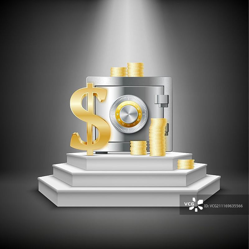 逼真金融货币模板：带金币的保险箱矢量图图片素材