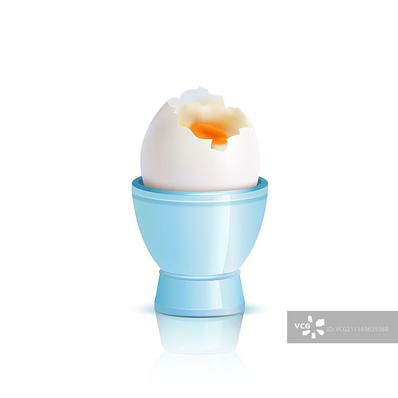 水煮蛋插画：蓝色蛋杯中的水煮蛋，白色背景真实矢量图图片素材