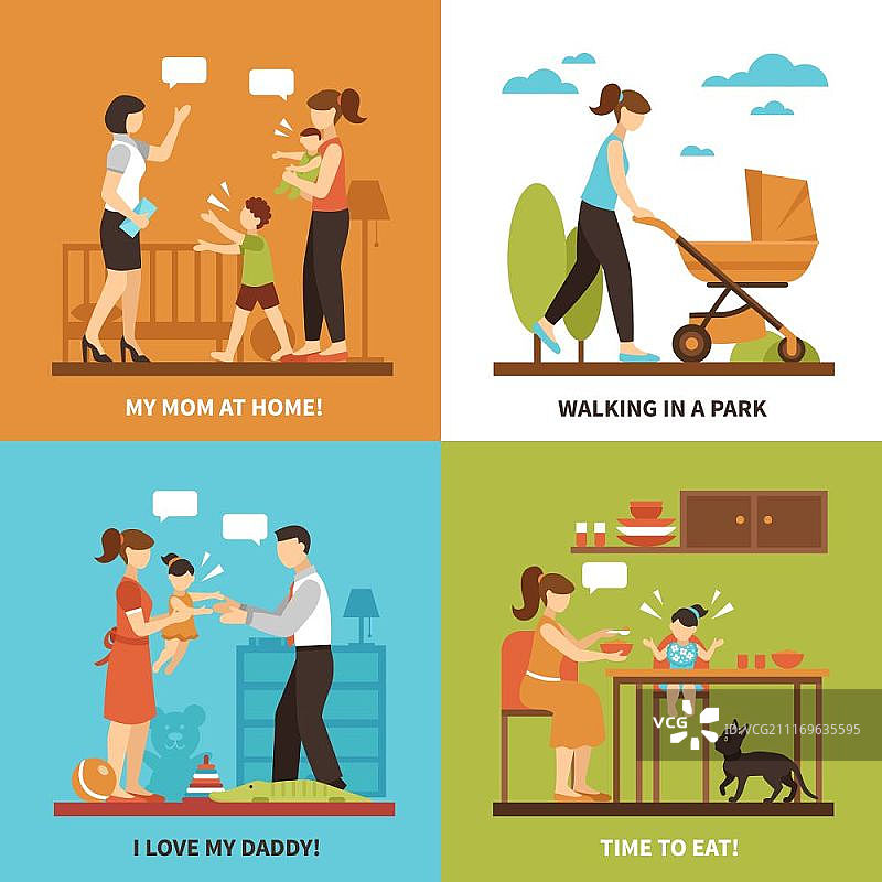 保姆概念图标集：儿童和步行符号矢量图图片素材