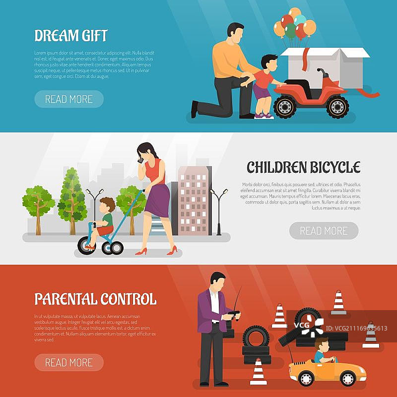 儿童玩具车横幅套装：家长和儿童骑自行车玩耍矢量插画图片素材
