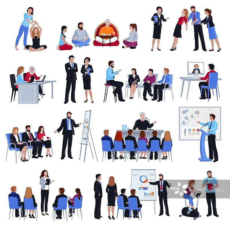 教练指导门徒扁平图标集。专业商业生活和体育教练精神专家顾问指导概念扁平图标集，独立矢量图图片素材