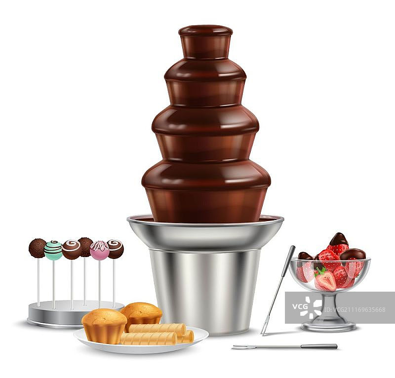 巧克力喷泉现实主义构图，包含草莓、巧克力火锅、水果蛋糕和蛋糕棒的彩色巧克力喷泉写实组合矢量图图片素材