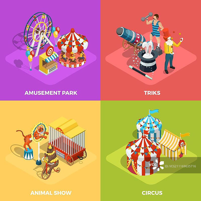 马戏团2.5D等距图标海报：动物表演和魔术图片素材