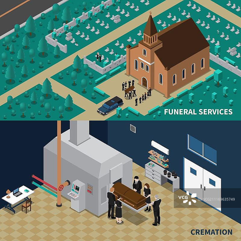殡葬服务等距横幅矢量插画图片素材
