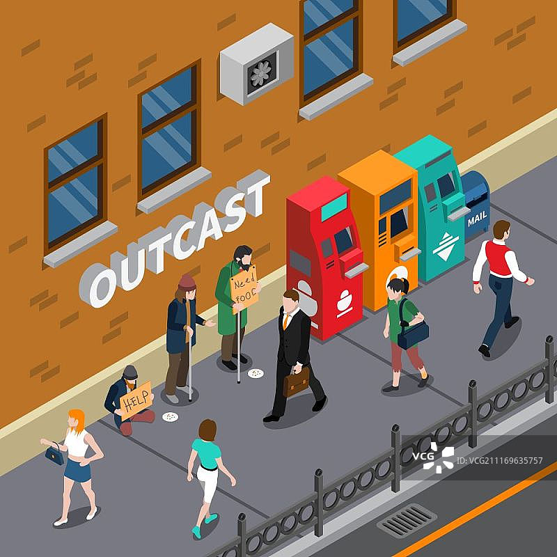 街头乞讨等距插图图片素材