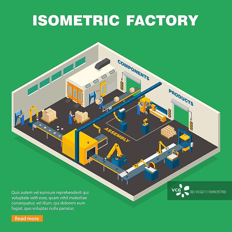 传送带生产线组合：绿色背景等距设备传送带生产线组合矢量插画图片素材