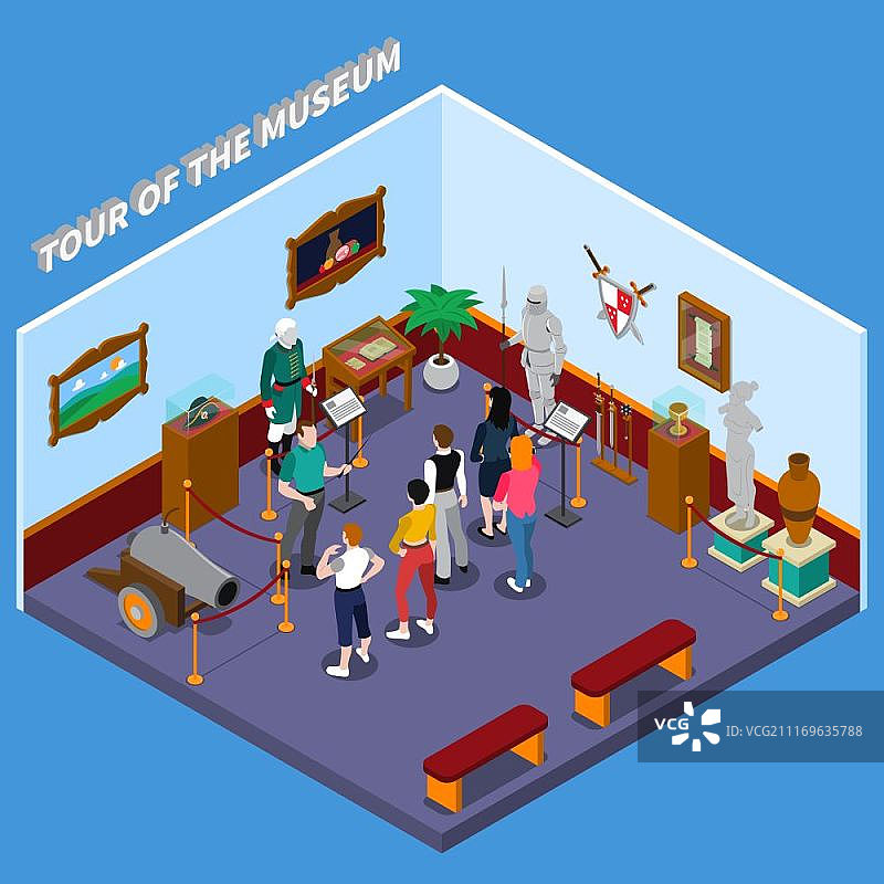 博物馆参观2.5D图：导游与游客参观古代雕塑图片素材