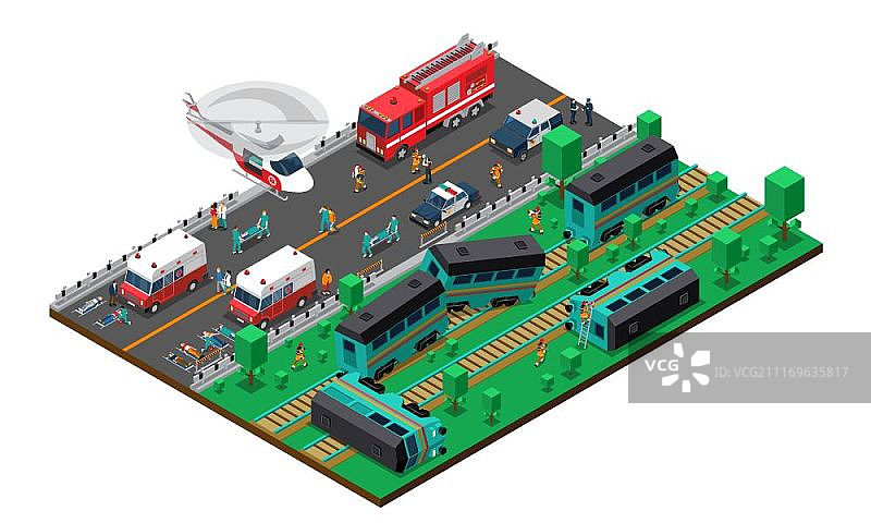 2.5D火车事故设计（含消防、警车、救护车及直升机救援）图片素材