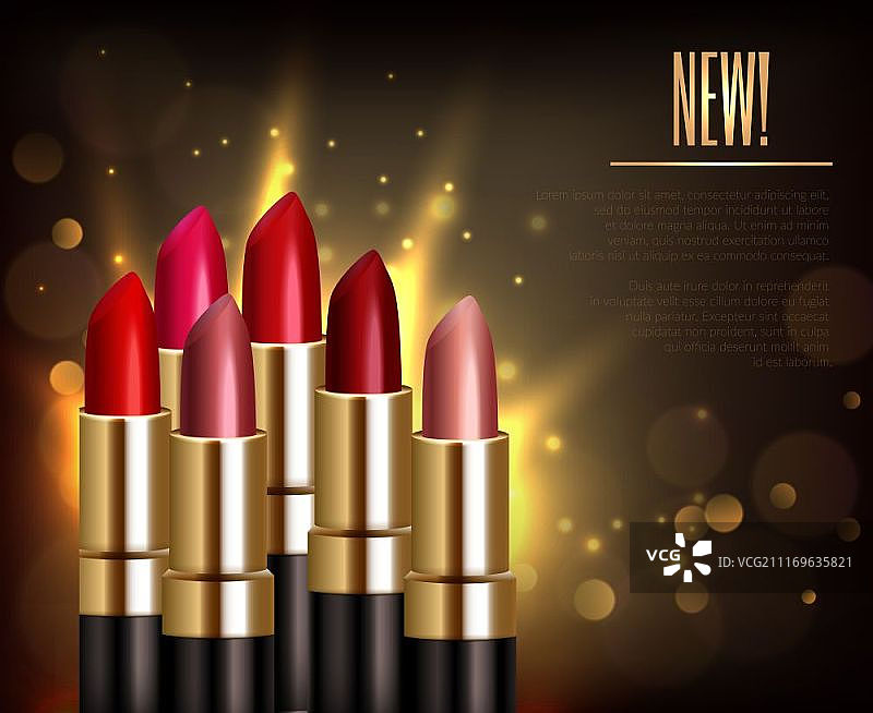 口红产品背景。具有光泽闪烁色彩的口红产品逼真矢量图图片素材