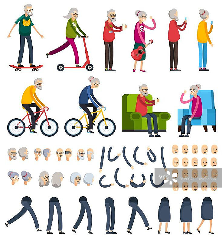 老年人正交构造器图标：包含老年男女日常活动的正交构造元素图片素材