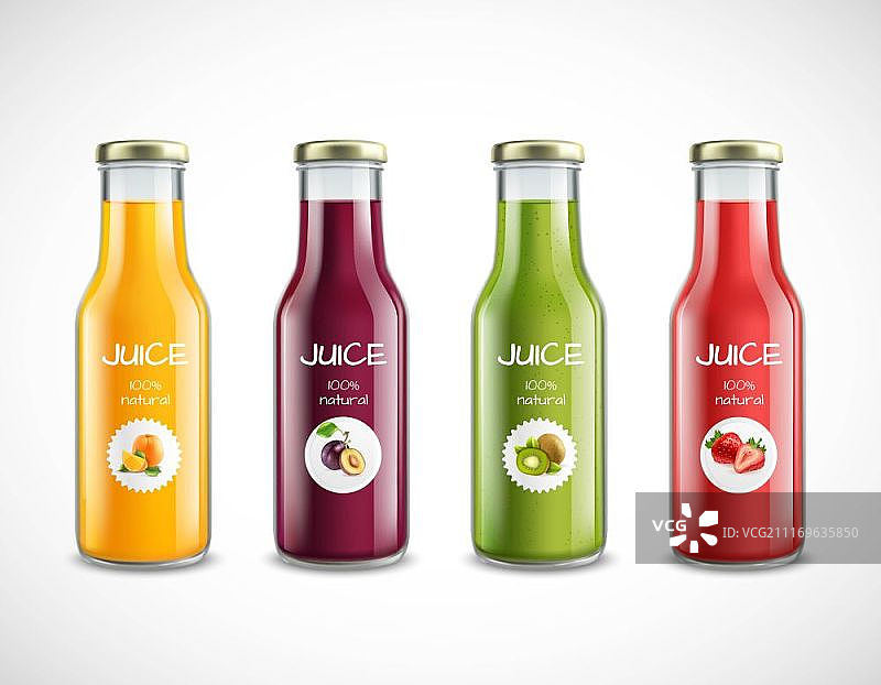 果汁玻璃瓶套装。一套带有橙子、李子、猕猴桃、草莓天然果汁的光滑玻璃瓶，矢量图图片素材