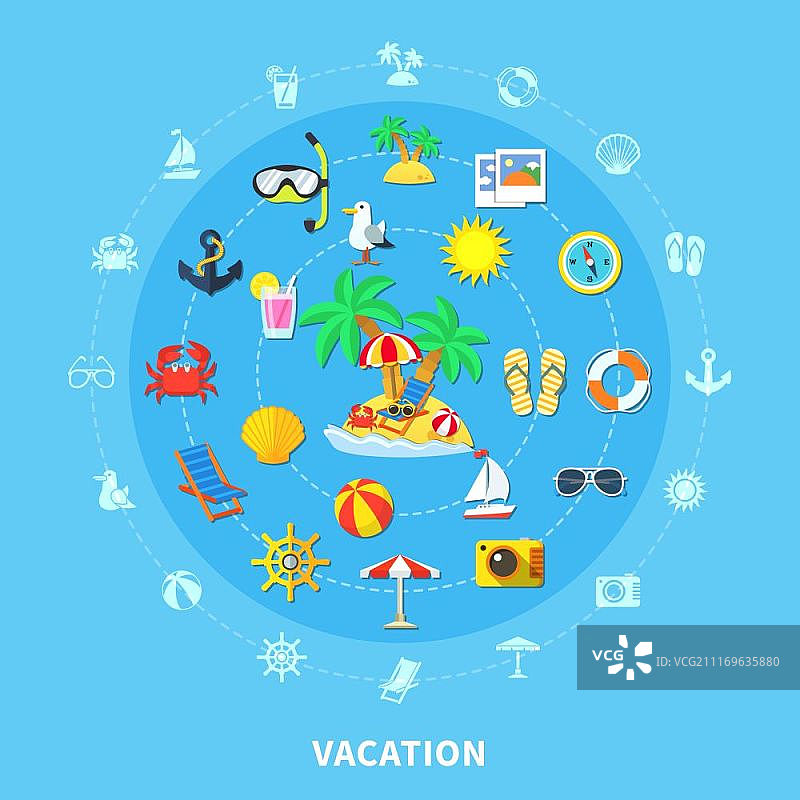 夏季旅行图标组合，度假旅行emoji风格圆形组合，包含夏季假日活动符号和剪影矢量插画图片素材