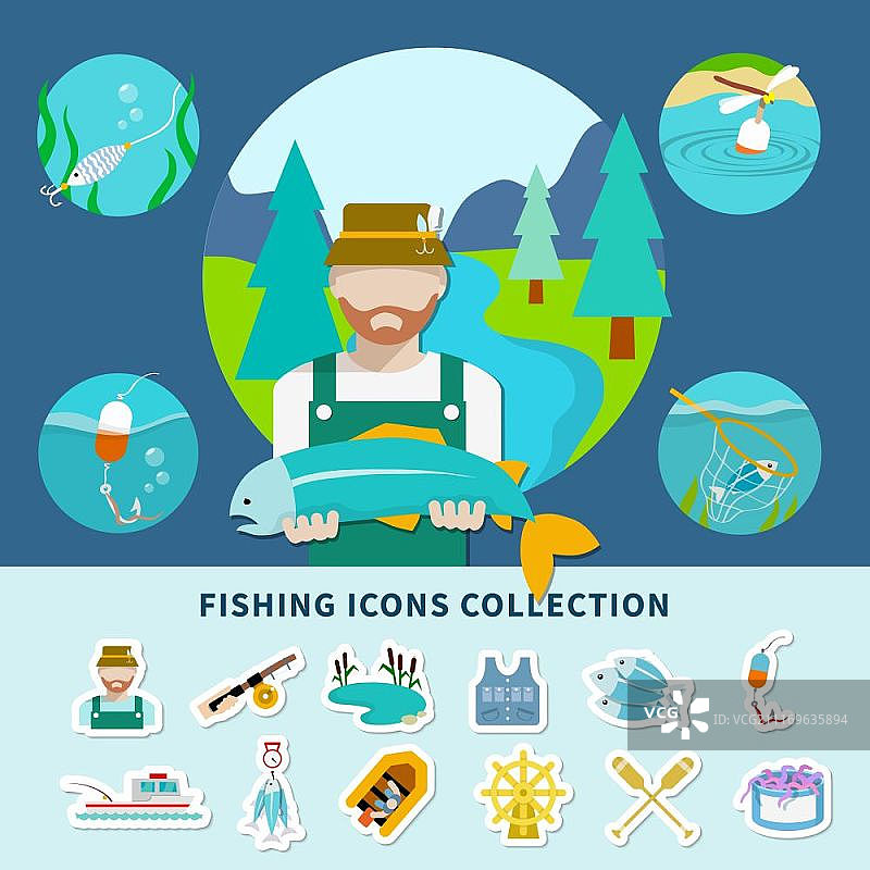 钓鱼图标背景：包含无面渔夫角色和鱿鱼图像的扁平风格钓鱼素材图片素材