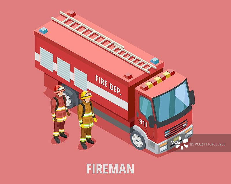 消防员职业2.5D模板：穿着制服站在卡车旁的消防员图片素材