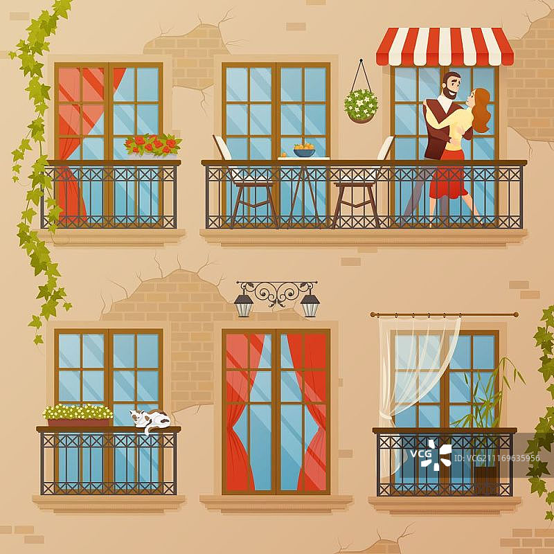 经典窗户阳台组合：带有砖砌窗户装饰和旋花矢量图的联排别墅墙壁图片素材