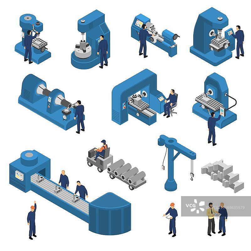 工人操作机床2.5D场景：包含起重机和装载机的计算机技术图片素材