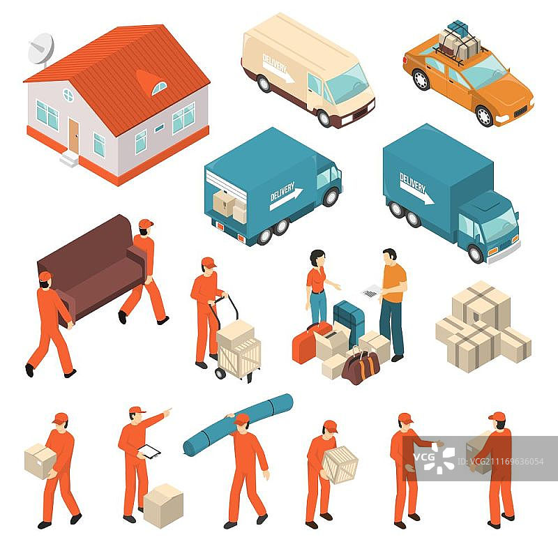 搬家公司服务等距图标集。搬家公司专业包装运输卸货和交付认证服务等距图标集合孤立矢量插图图片素材
