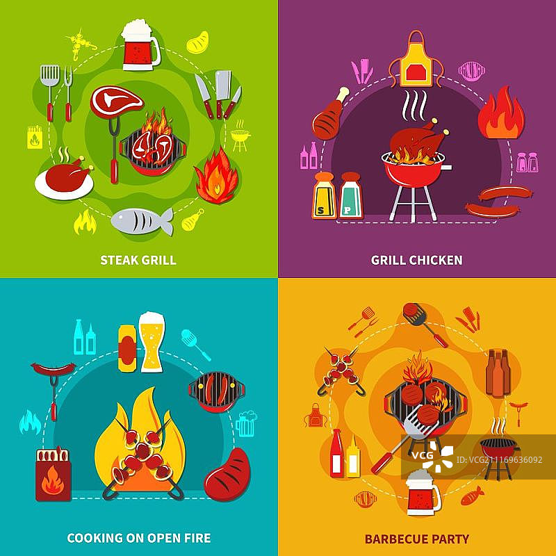 在明火上烹饪牛排和烤鸡肉烧烤派对。关于在明火牛排烤架上烹饪和烧烤派对上烤鸡肉的不同卡通矢量插图图片素材