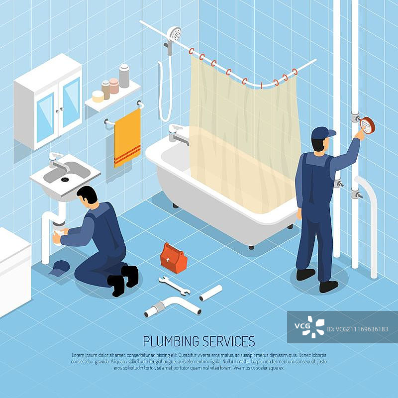 2.5D等距插画：水管工维修水槽和管道图片素材