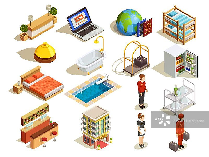 酒店2.5D元素集合：包含客房、床、浴室、接待台、客房服务员和行李员等角色矢量图图片素材