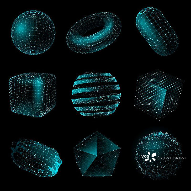 几何形状3D科技风格图标合集：蓝色逼真几何形状3D科技风格黑色背景矢量图图片素材