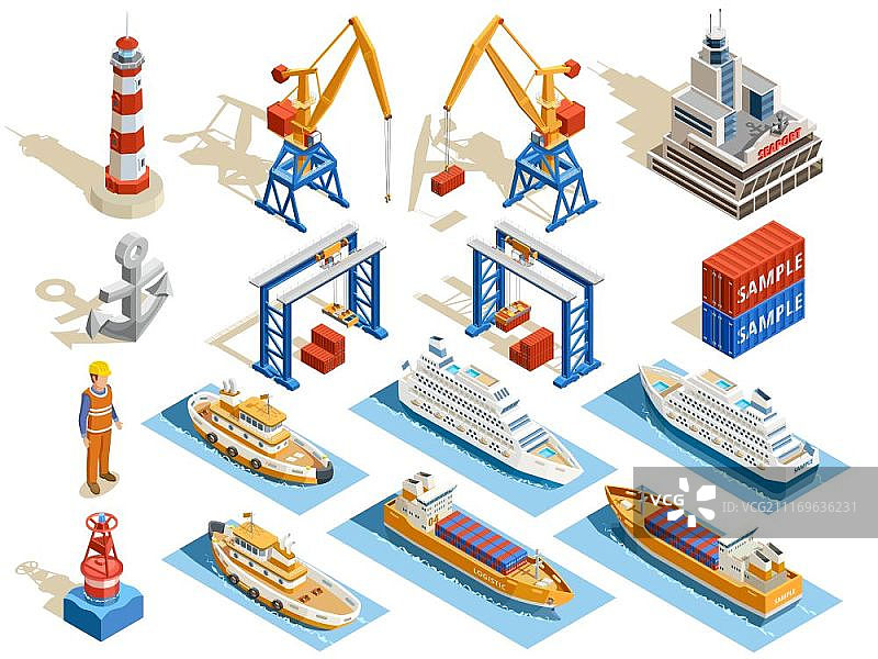 2.5D海港等距设计素材：包含工业邮轮、船用拖轮、工人、锚、起重机、集装箱和灯塔图片素材