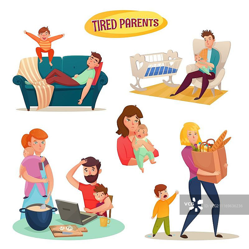 疲惫的父母隔离装饰元素。母亲和父亲抱着婴儿的疲惫父母隔离装饰元素平面卡通矢量插图图片素材