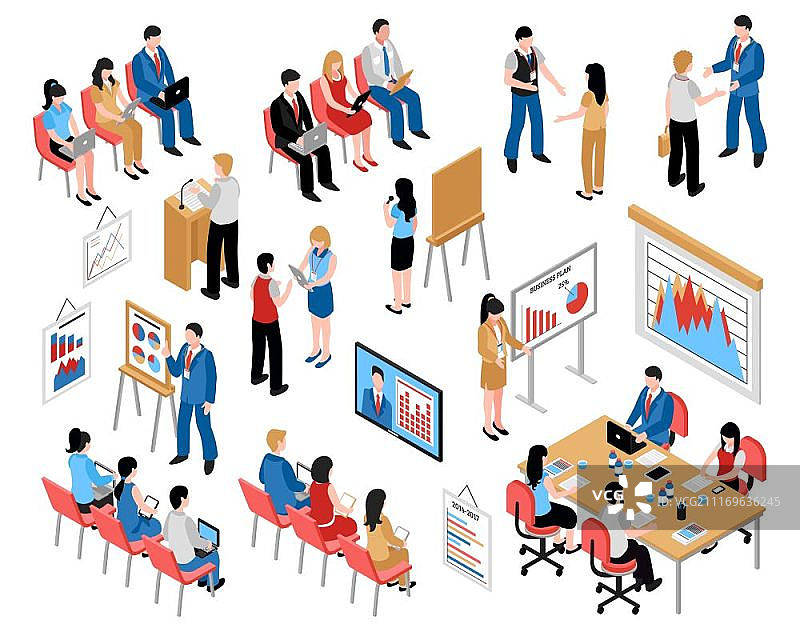 商业教育和培训2.5D图标集。 包含参与培训和商业研讨会的商业教育及培训2.5D图标集矢量图例图片素材
