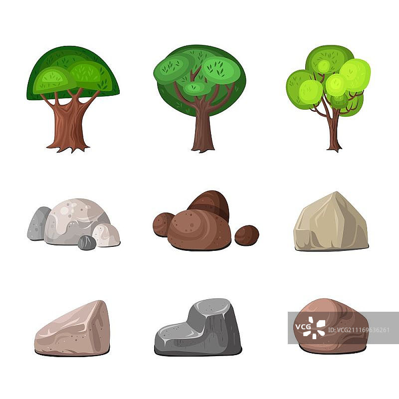 公园和花园落叶树石装饰元素套装（扁平矢量插画）图片素材