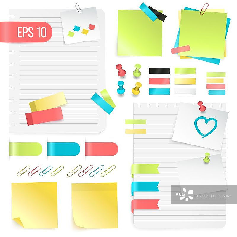 彩色纸质便签套装，写实风格的彩色纸质便签套装，包含图钉、胶带和回形针，矢量图图片素材